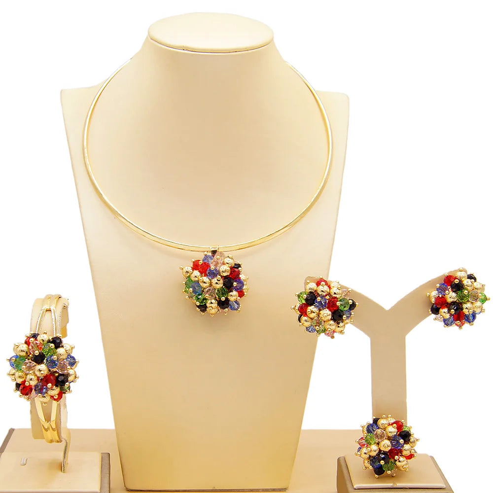 Yulaili High Quality Dubai Multicolor Gold-Color Jewelry Sets For Women African Beads Fashion Choker Earrings Bracelet Ring