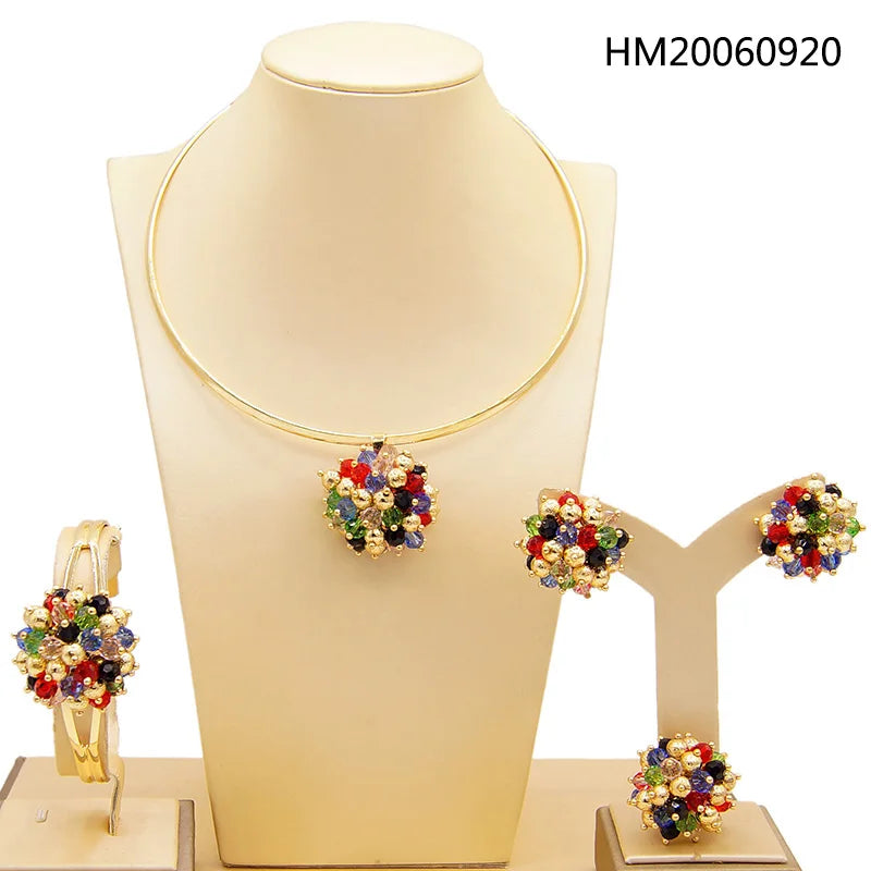 Yulaili High Quality Dubai Multicolor Gold-Color Jewelry Sets For Women African Beads Fashion Choker Earrings Bracelet Ring