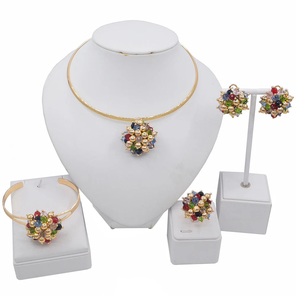 Yulaili High Quality Dubai Multicolor Gold-Color Jewelry Sets For Women African Beads Fashion Choker Earrings Bracelet Ring