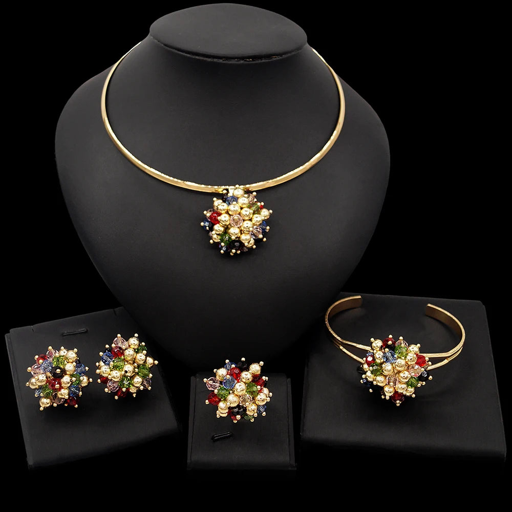 Yulaili High Quality Dubai Multicolor Gold-Color Jewelry Sets For Women African Beads Fashion Choker Earrings Bracelet Ring