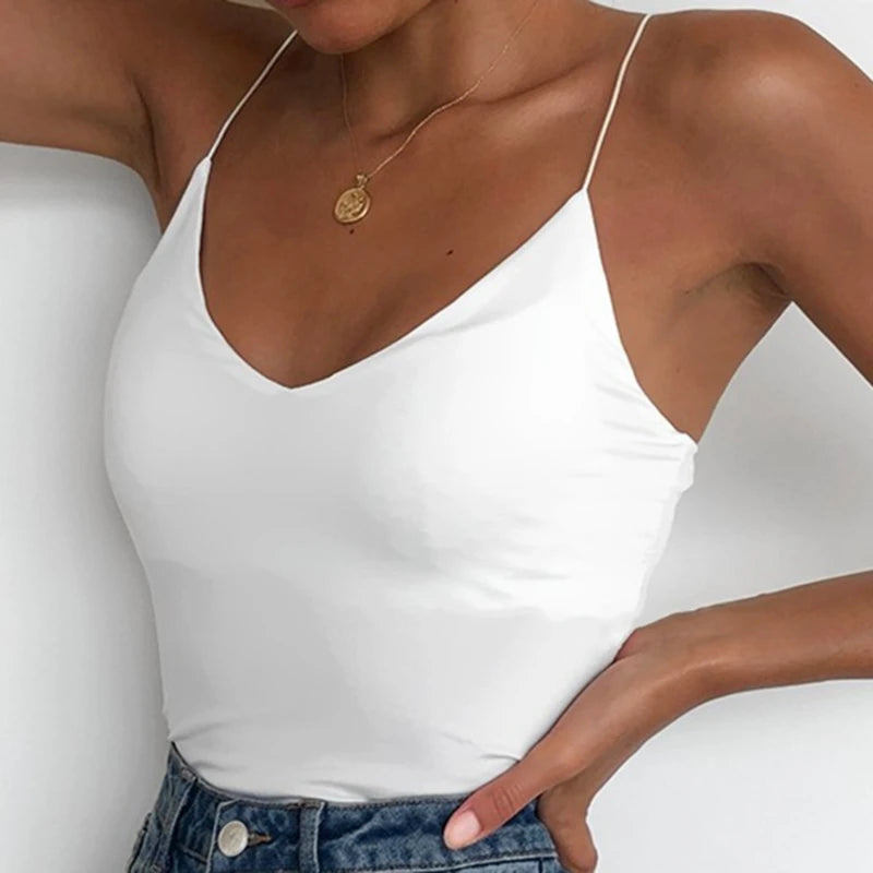 Summer Sexy Vest Women Thin V-neck Strap Camisole Top Solid Color Tank Tops Female Slim Fit Sleeveless For Ladies