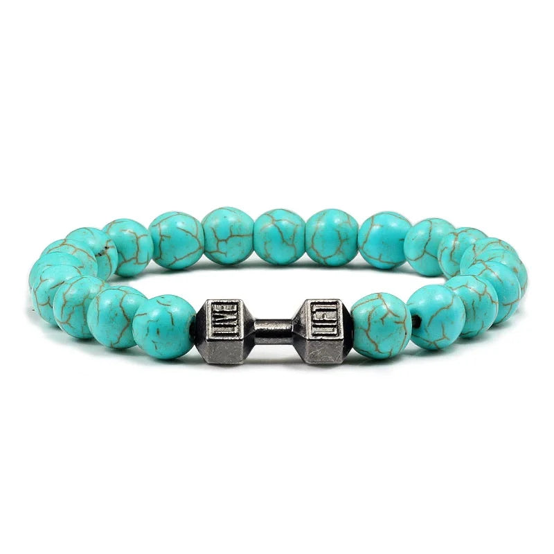 Hot Selling Vintage Men's Bangle Natural Stone Bead Dumbbell Pendant Elastic Strand Bracelet for Friend's Gift