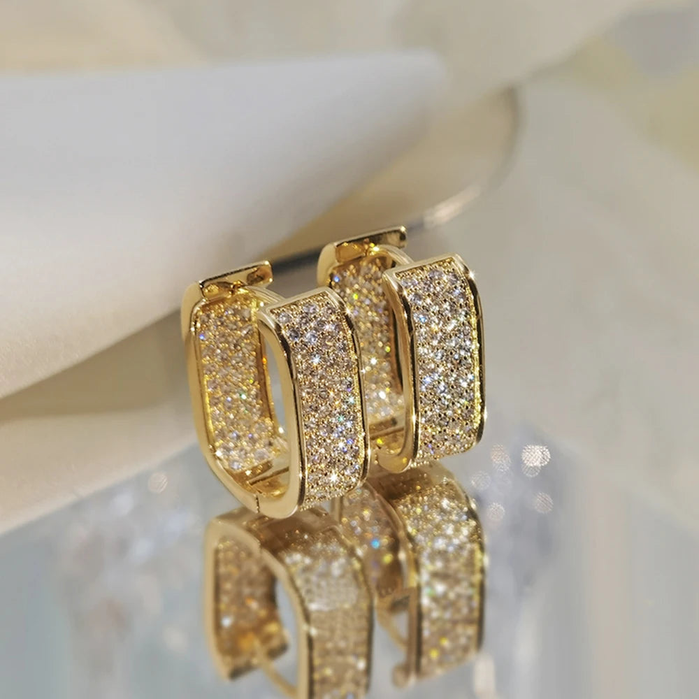 Huitan Korean Fashion Paved CZ Hoop Earrings for Women Metal Silver Color/Gold Color Simple Versatile Girls Earrings Hot Jewelry
