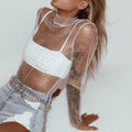 Summer Sexy Lace Mesh Sheer T Shirt Women Transparent Tops Turtleneck See Through Cover Up  Long Sleeve Shine Rhinestone Crops
