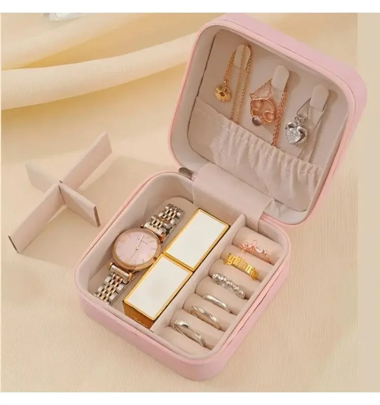 Solid Color PU Leather Material Jewelry Storage Box Travel Earrings Necklace Ring Organizer Case For Travel