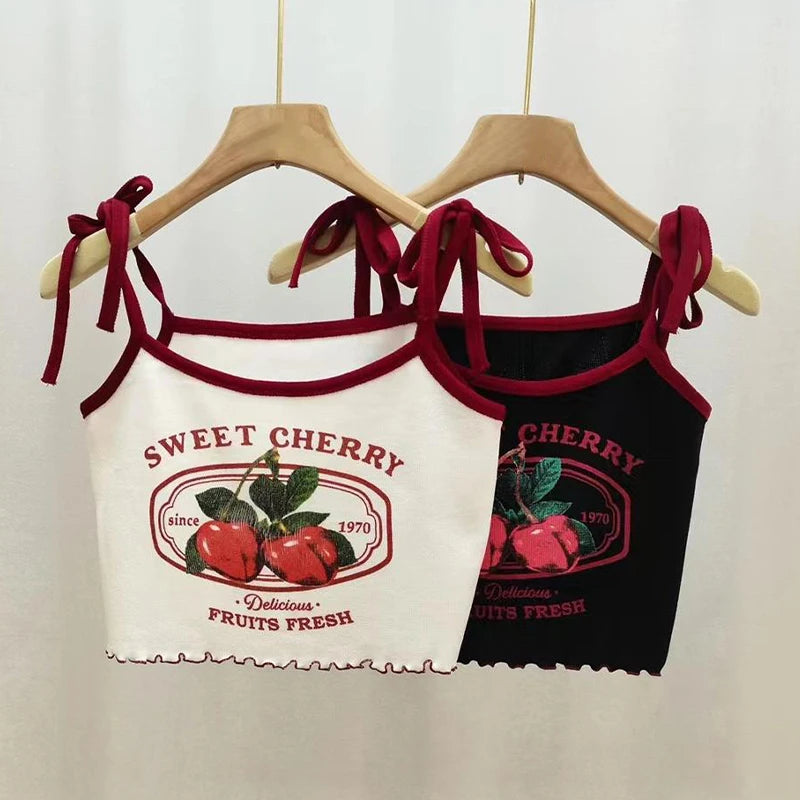 Summer Hottie Sexy Cherry Print Tank Top Women Sweet Bow Sleeveless Slim Camisole
