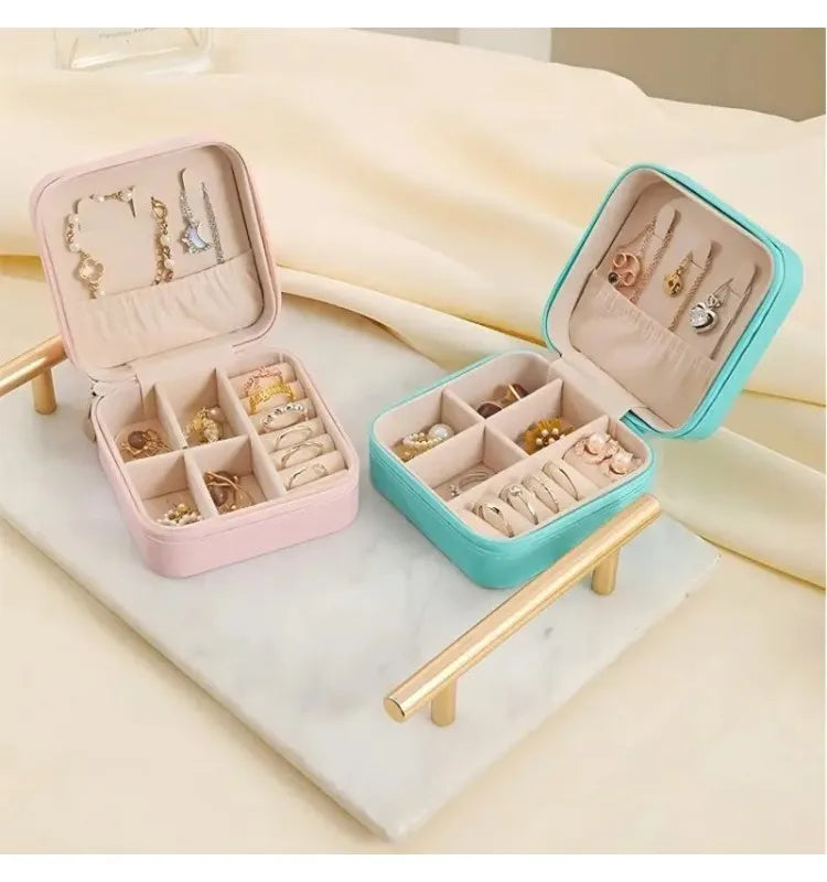 Solid Color PU Leather Material Jewelry Storage Box Travel Earrings Necklace Ring Organizer Case For Travel