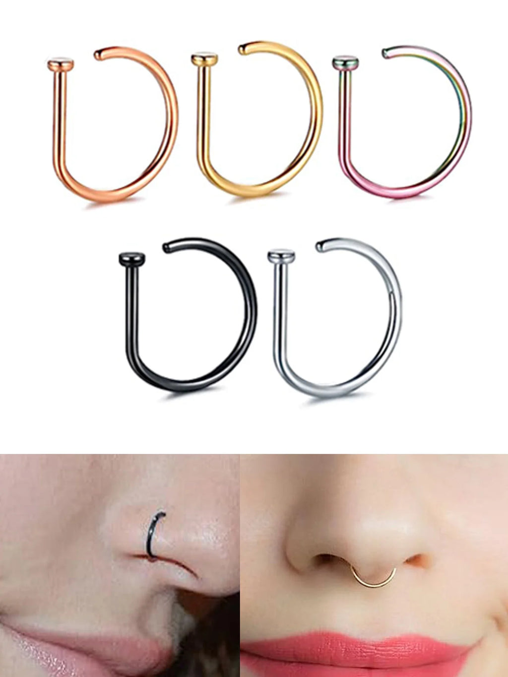 New Curved Barbells Fake Nose Piercing D Shaped Tragus Helix Stud Earring Hoop Septum Stainless Steel Ring Nostril Body Jewelry