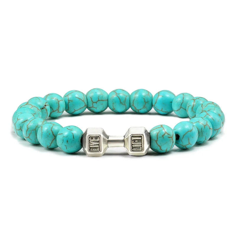 Hot Selling Vintage Men's Bangle Natural Stone Bead Dumbbell Pendant Elastic Strand Bracelet for Friend's Gift