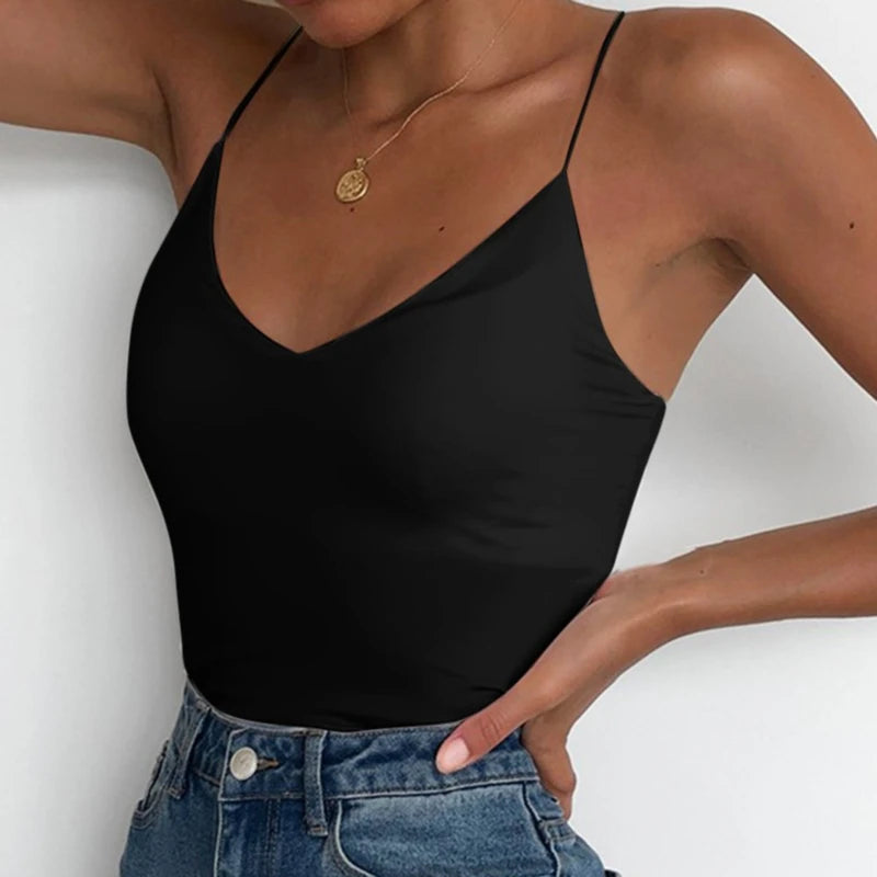 Summer Sexy Vest Women Thin V-neck Strap Camisole Top Solid Color Tank Tops Female Slim Fit Sleeveless For Ladies