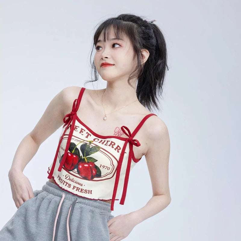 Summer Hottie Sexy Cherry Print Tank Top Women Sweet Bow Sleeveless Slim Camisole
