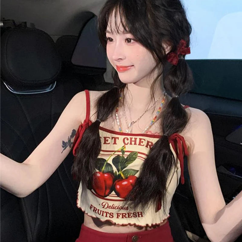 Summer Hottie Sexy Cherry Print Tank Top Women Sweet Bow Sleeveless Slim Camisole