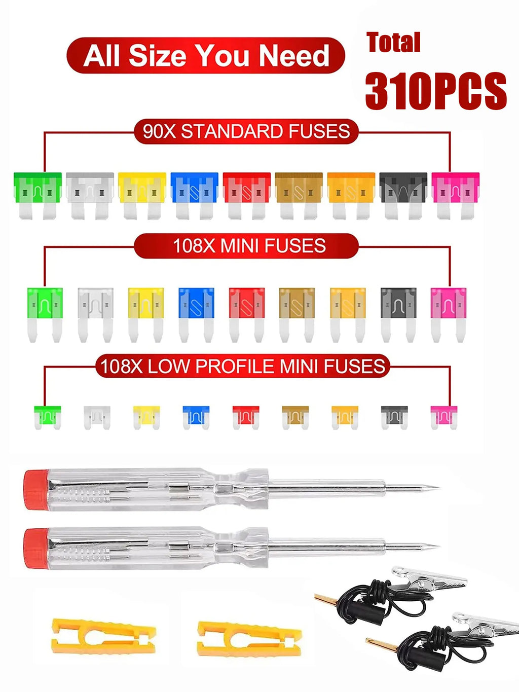 310PCS Truck SUV Car Assorted Replacement Blade Fuses with 2 Car Fuse Testers and 2 Fuse Pullers