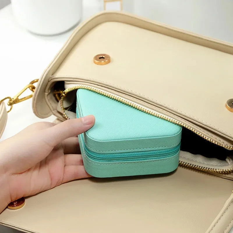 Portable Mini PU Leather Jewelry Box - Velvet Lined Multi-Compartment Organizer for Rings, Earrings & Necklace
