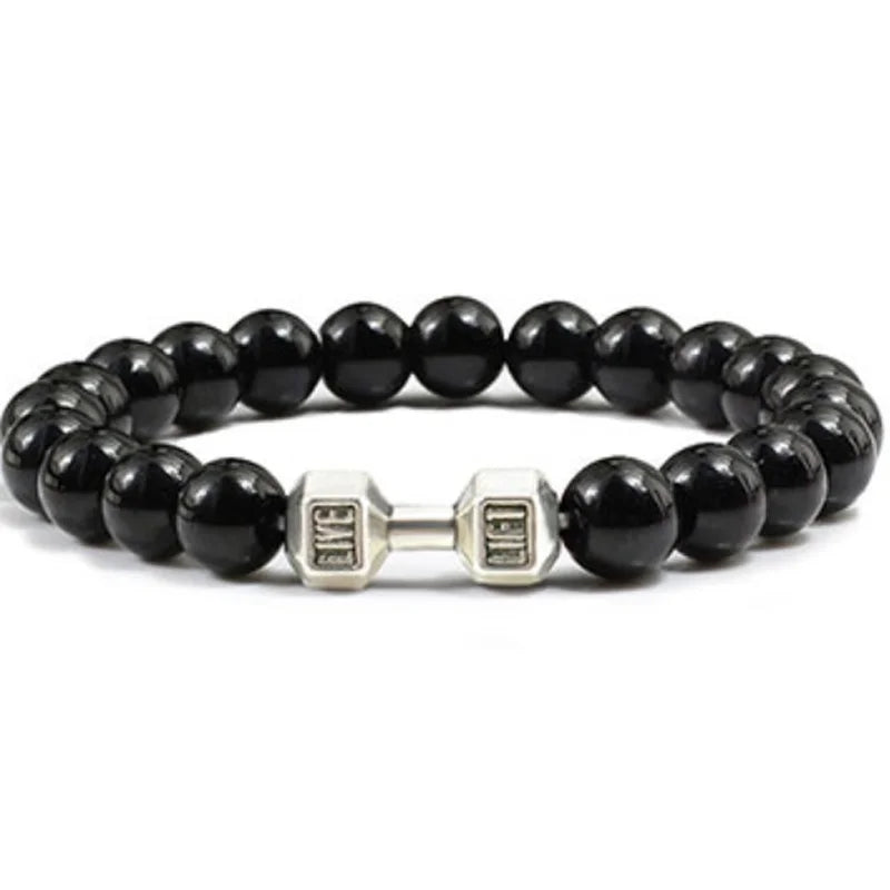 Hot Selling Vintage Men's Bangle Natural Stone Bead Dumbbell Pendant Elastic Strand Bracelet for Friend's Gift