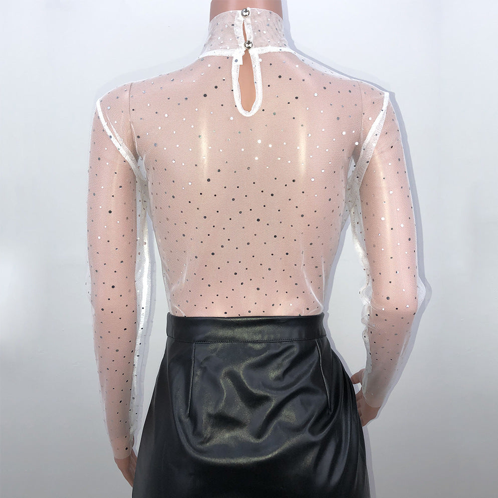 Summer Sexy Lace Mesh Sheer T Shirt Women Transparent Tops Turtleneck See Through Cover Up  Long Sleeve Shine Rhinestone Crops