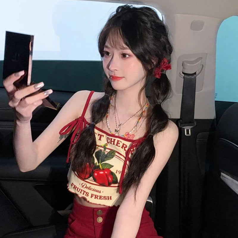 Summer Hottie Sexy Cherry Print Tank Top Women Sweet Bow Sleeveless Slim Camisole