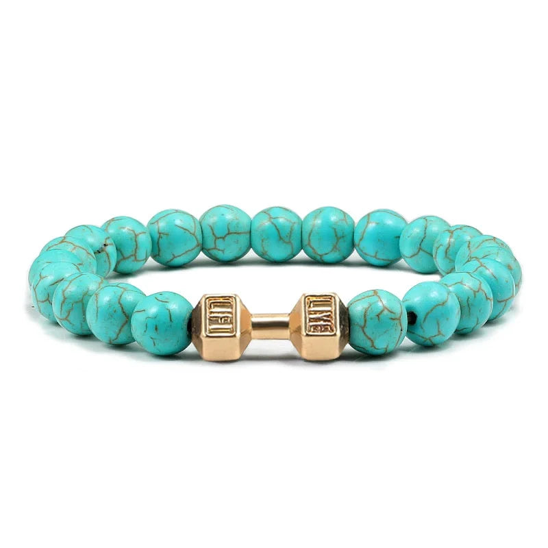 Hot Selling Vintage Men's Bangle Natural Stone Bead Dumbbell Pendant Elastic Strand Bracelet for Friend's Gift