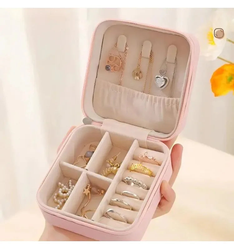 Solid Color PU Leather Material Jewelry Storage Box Travel Earrings Necklace Ring Organizer Case For Travel