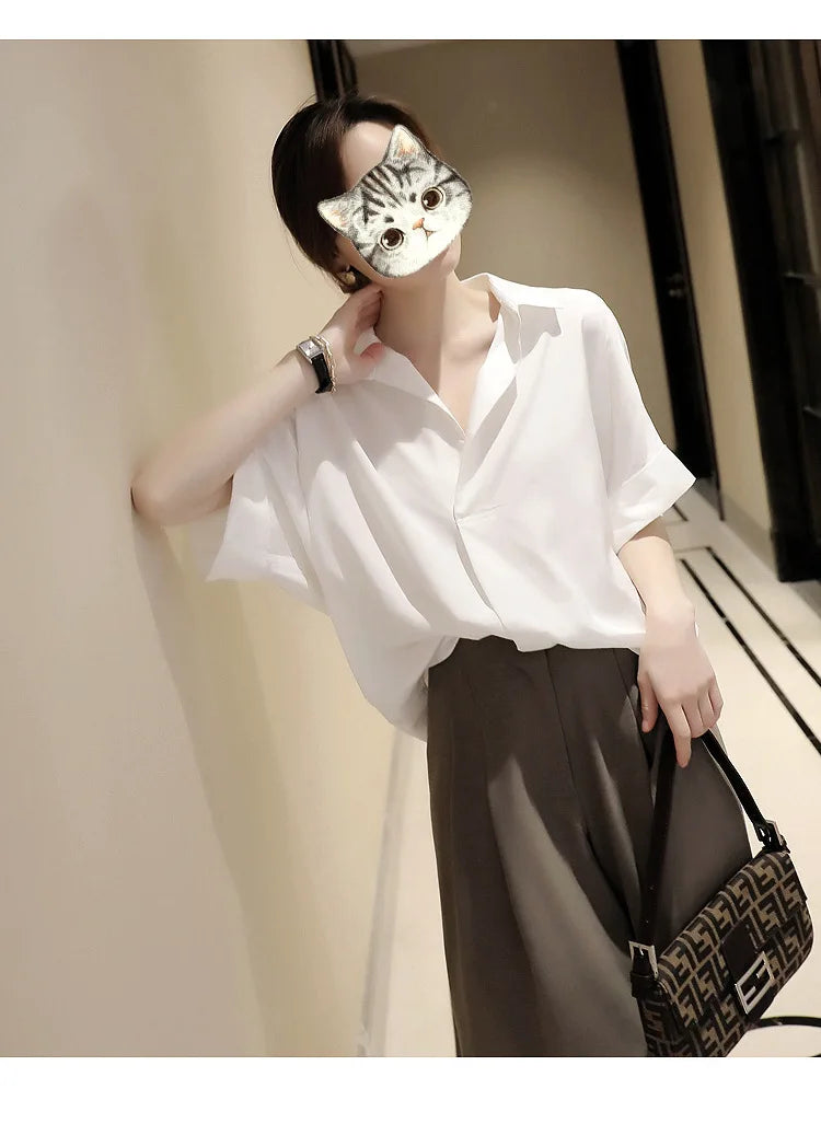 Women Summer Tops Tees Sexy Vintage Blouse Chiffon Ruched Short Sleeve Shirt Ruffles T Shirts Loose Casual Tees