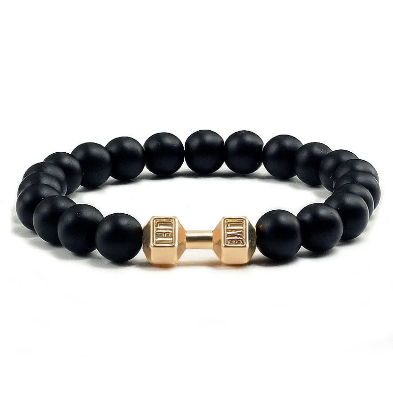 Hot Selling Vintage Men's Bangle Natural Stone Bead Dumbbell Pendant Elastic Strand Bracelet for Friend's Gift