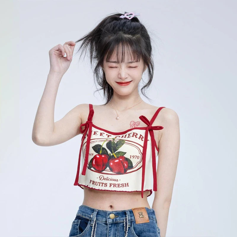 Summer Hottie Sexy Cherry Print Tank Top Women Sweet Bow Sleeveless Slim Camisole