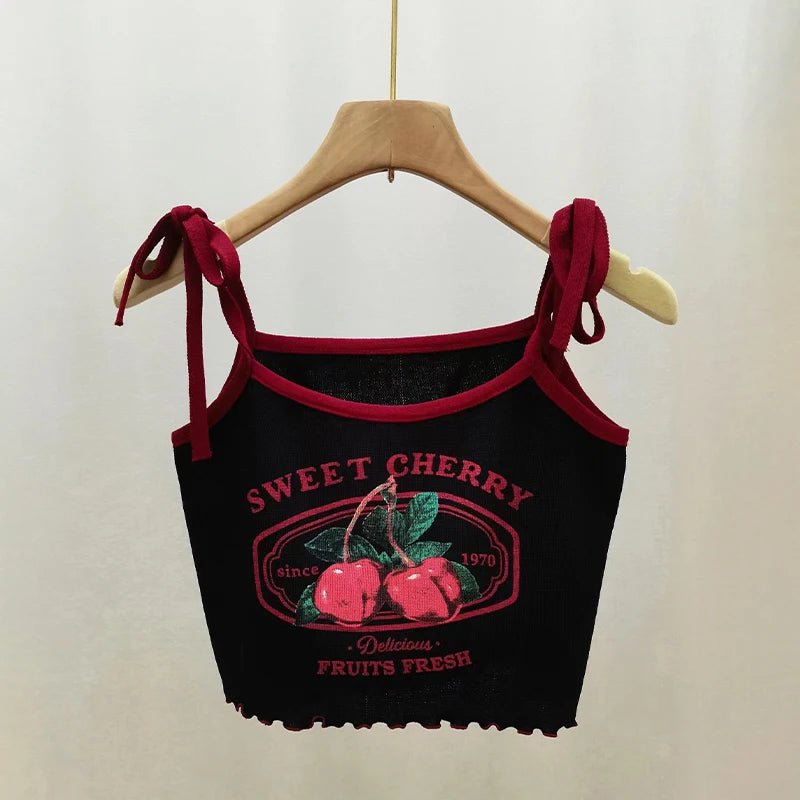 Summer Hottie Sexy Cherry Print Tank Top Women Sweet Bow Sleeveless Slim Camisole