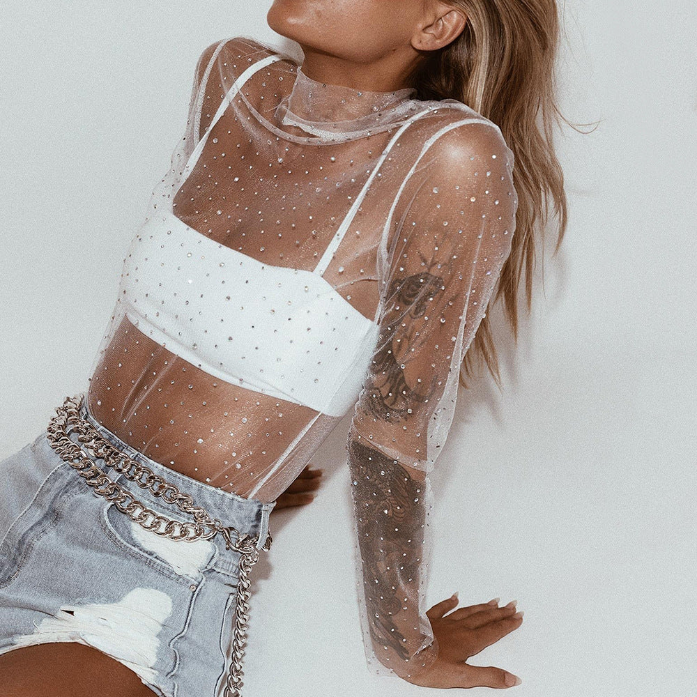 Summer Sexy Lace Mesh Sheer T Shirt Women Transparent Tops Turtleneck See Through Cover Up  Long Sleeve Shine Rhinestone Crops
