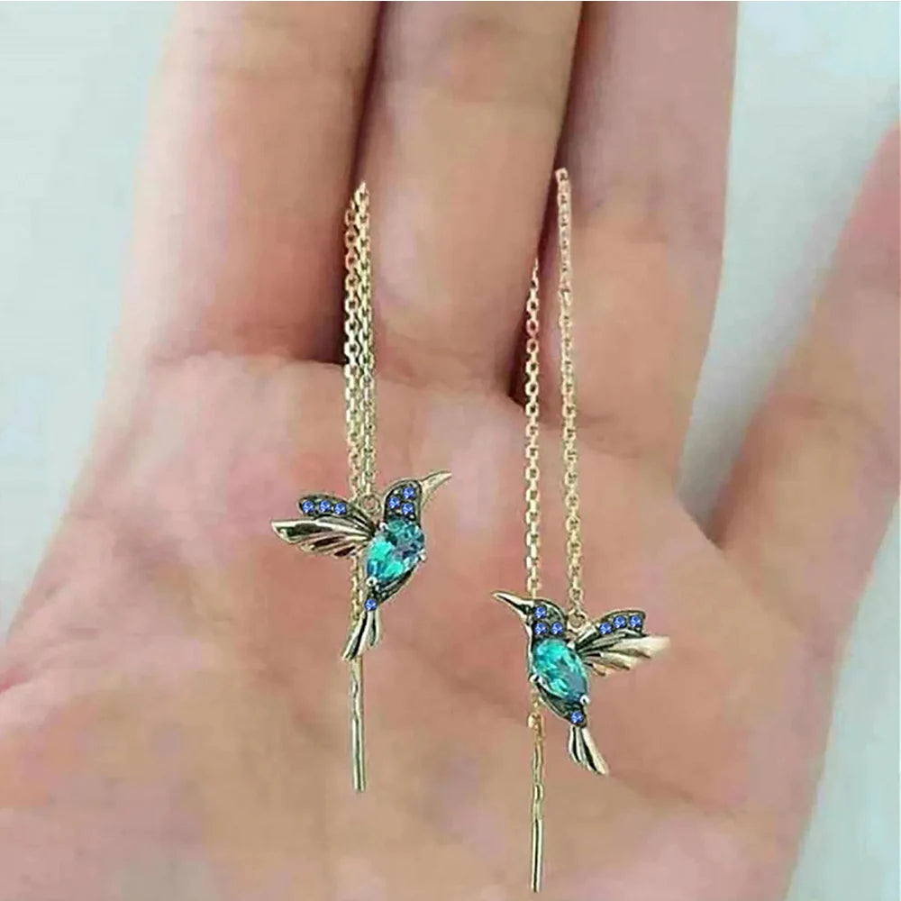 Hummingbird Red CZ Long Earrings For Women Gold Color Metal Green Stone Red CZ Wing Spreading Drop Earring Wedding Party Jewelry