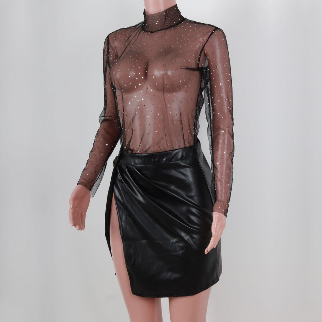 Summer Sexy Lace Mesh Sheer T Shirt Women Transparent Tops Turtleneck See Through Cover Up  Long Sleeve Shine Rhinestone Crops