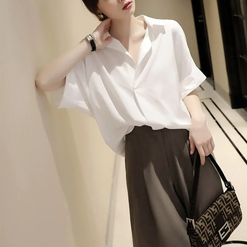Women Summer Tops Tees Sexy Vintage Blouse Chiffon Ruched Short Sleeve Shirt Ruffles T Shirts Loose Casual Tees