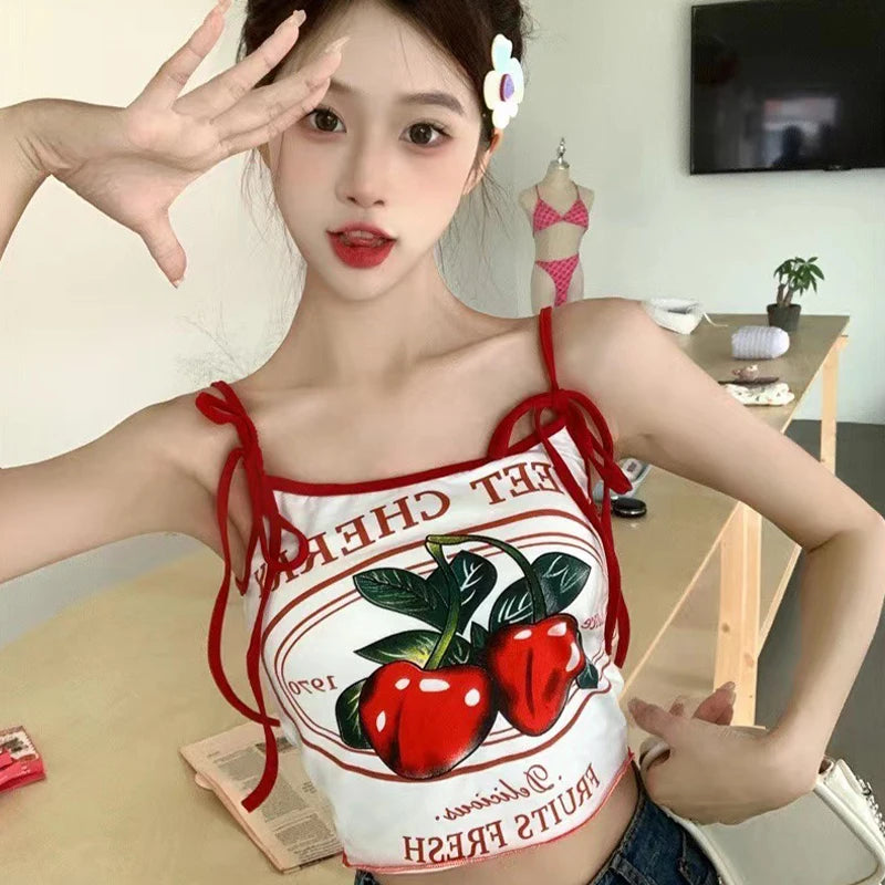 Summer Hottie Sexy Cherry Print Tank Top Women Sweet Bow Sleeveless Slim Camisole