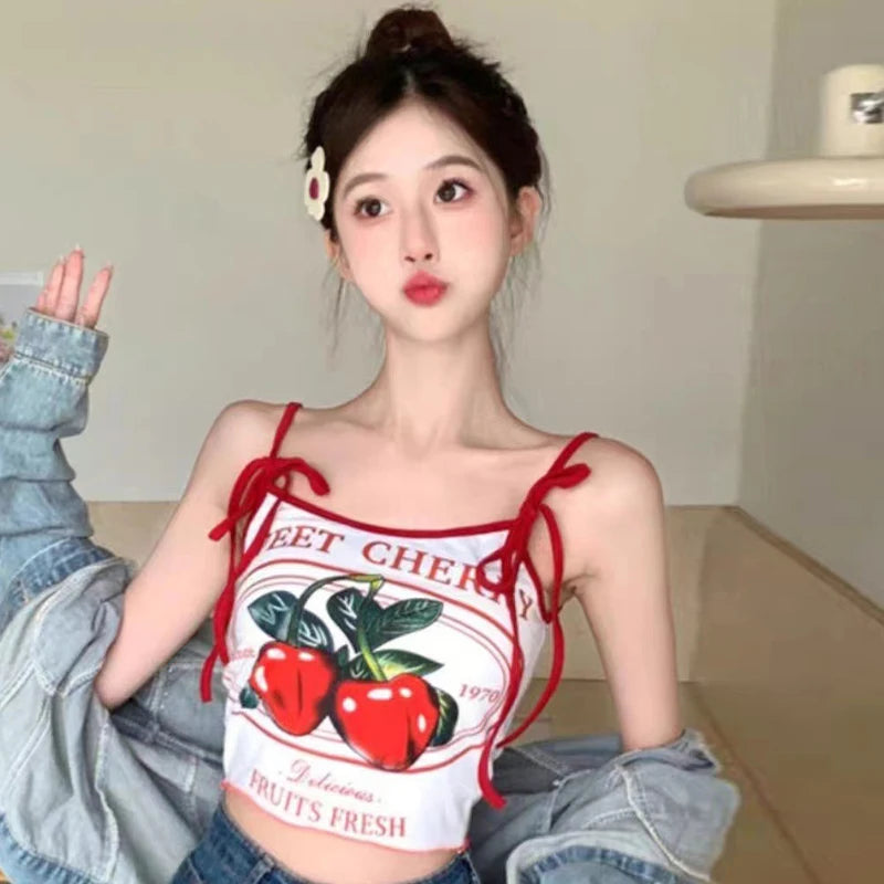 Summer Hottie Sexy Cherry Print Tank Top Women Sweet Bow Sleeveless Slim Camisole