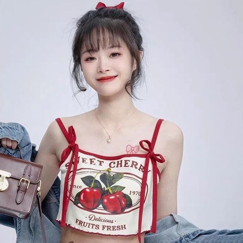 Summer Hottie Sexy Cherry Print Tank Top Women Sweet Bow Sleeveless Slim Camisole