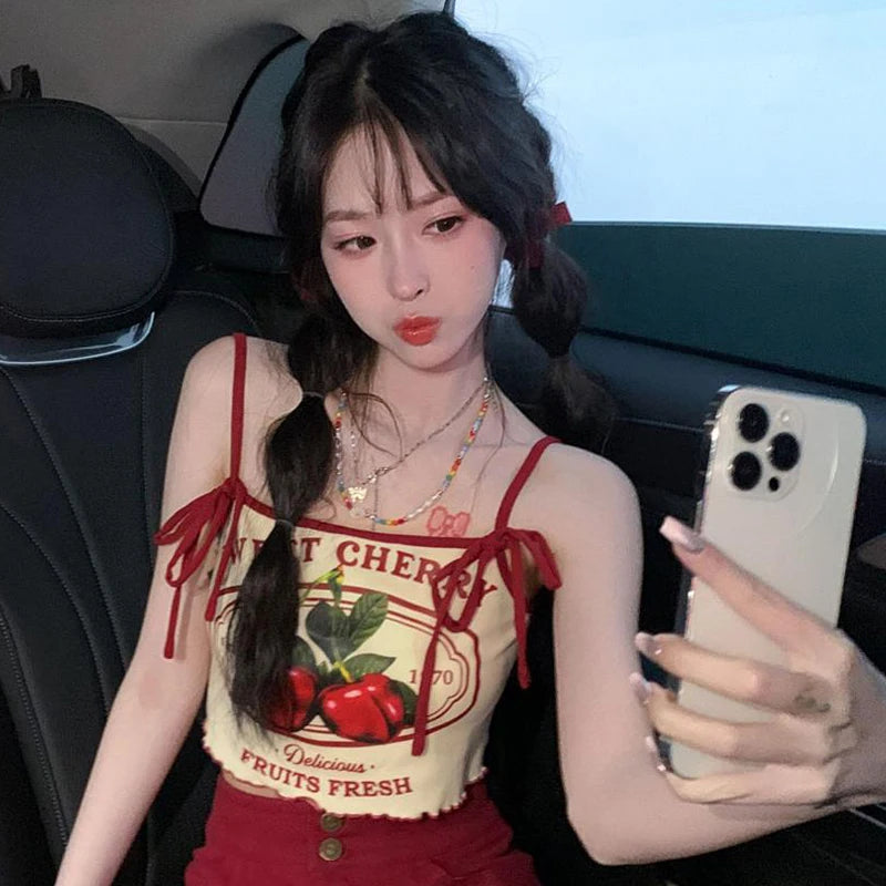 Summer Hottie Sexy Cherry Print Tank Top Women Sweet Bow Sleeveless Slim Camisole