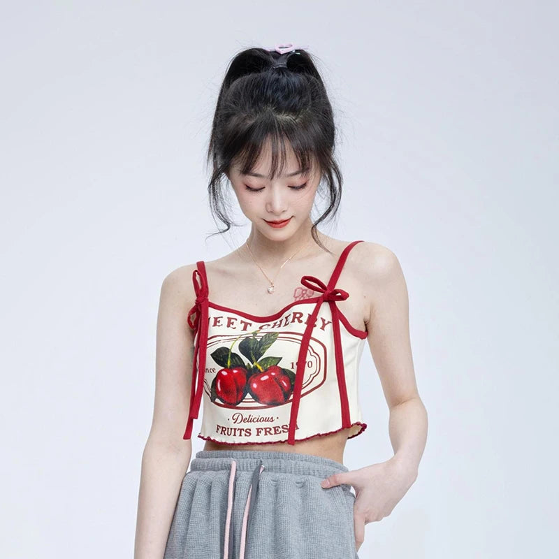 Summer Hottie Sexy Cherry Print Tank Top Women Sweet Bow Sleeveless Slim Camisole