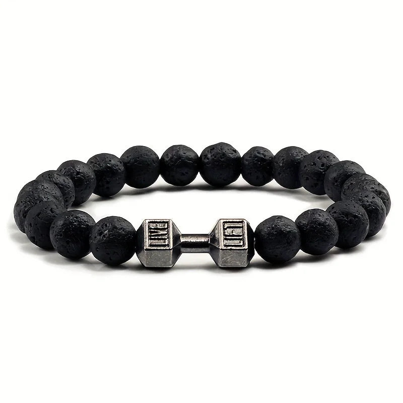 Hot Selling Vintage Men's Bangle Natural Stone Bead Dumbbell Pendant Elastic Strand Bracelet for Friend's Gift
