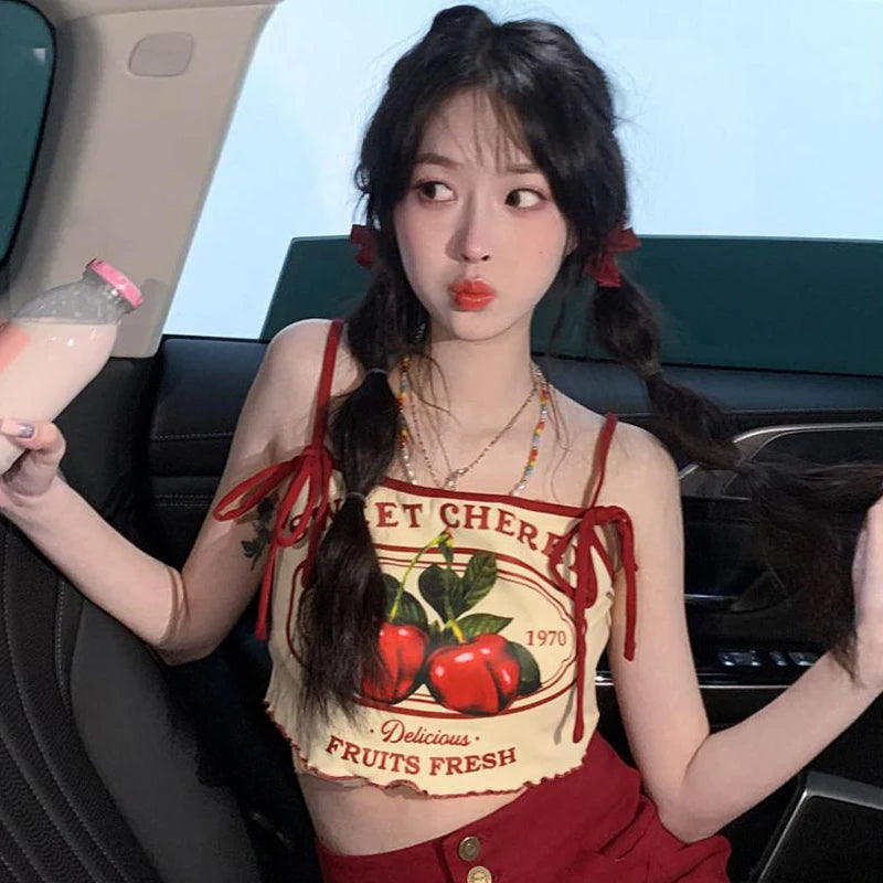 Summer Hottie Sexy Cherry Print Tank Top Women Sweet Bow Sleeveless Slim Camisole