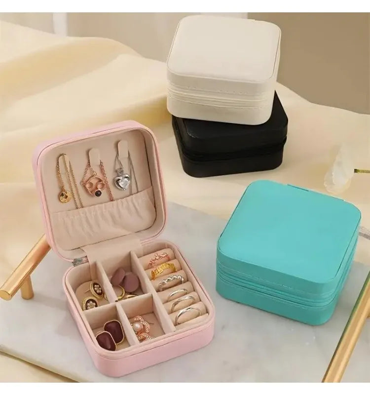 Solid Color PU Leather Material Jewelry Storage Box Travel Earrings Necklace Ring Organizer Case For Travel