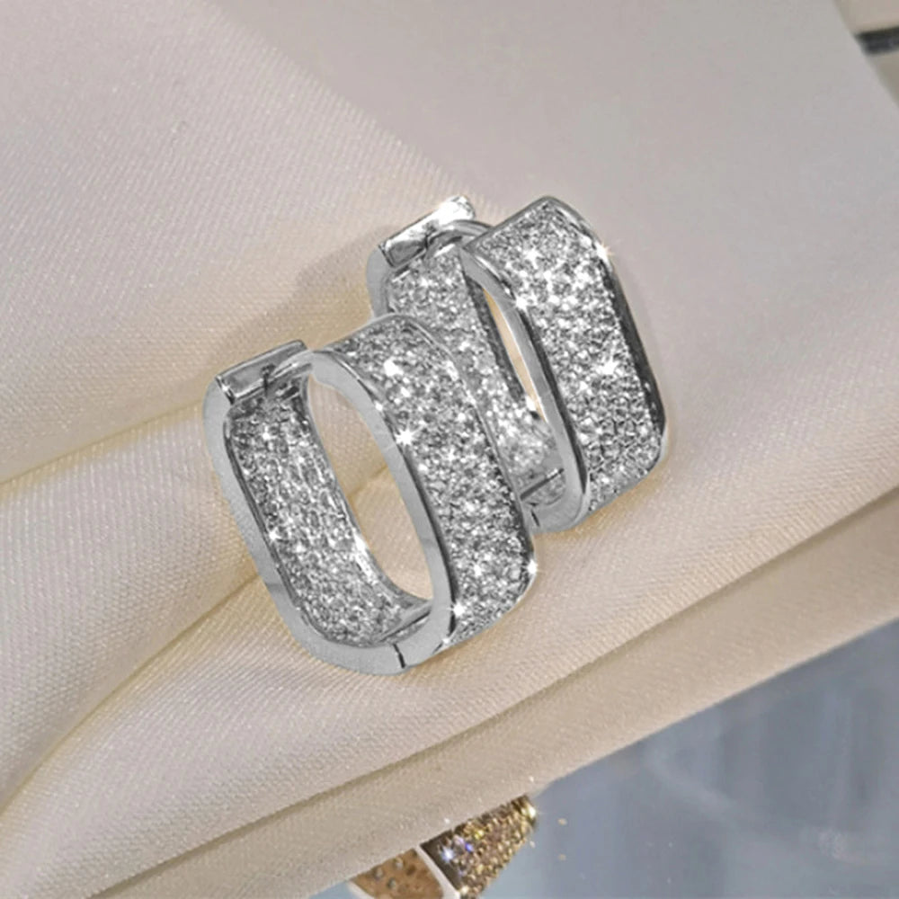 Huitan Korean Fashion Paved CZ Hoop Earrings for Women Metal Silver Color/Gold Color Simple Versatile Girls Earrings Hot Jewelry