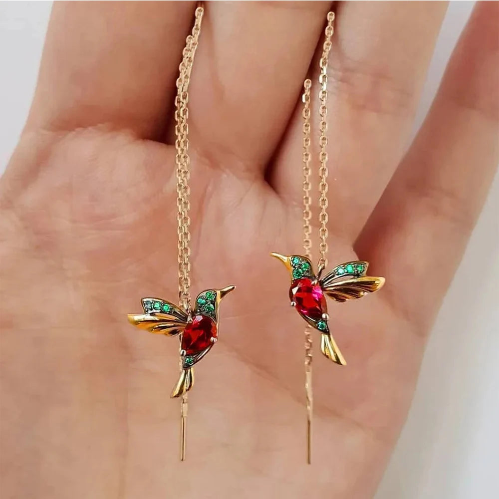Hummingbird Red CZ Long Earrings For Women Gold Color Metal Green Stone Red CZ Wing Spreading Drop Earring Wedding Party Jewelry