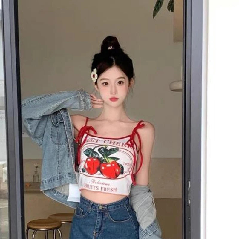 Summer Hottie Sexy Cherry Print Tank Top Women Sweet Bow Sleeveless Slim Camisole