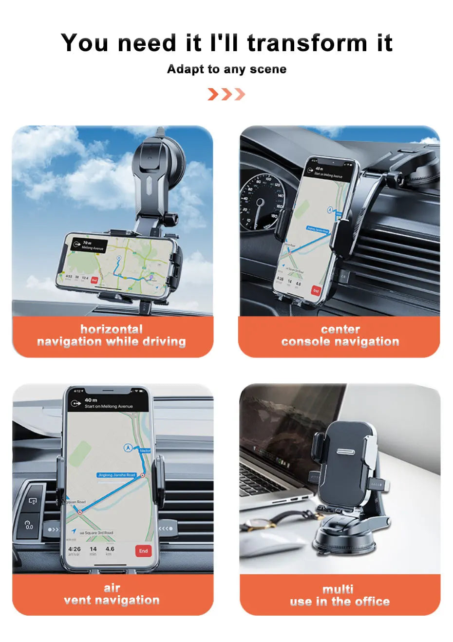 BLALION Car Phone Holder Stand Dashboard Mount 360° Rotatable Gravity Smartphone Holder With Extension Rod Bracket GPS Support
